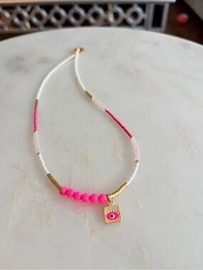 Gorgeous Gold & Pink Beaded Evil Eye Essential Oil Necklace